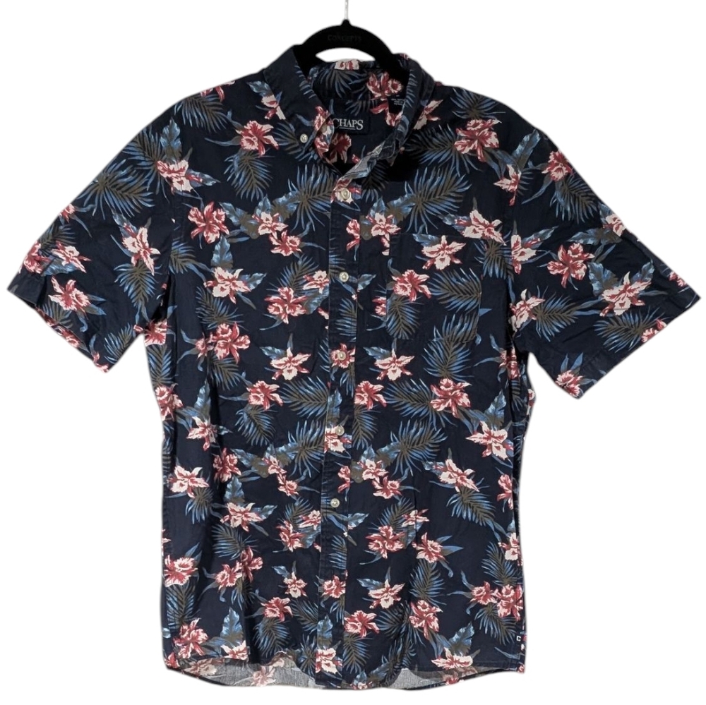 Vintage Chaps Navy And Pink Floral Button Down Short Sleeve Shirt, Size Medium